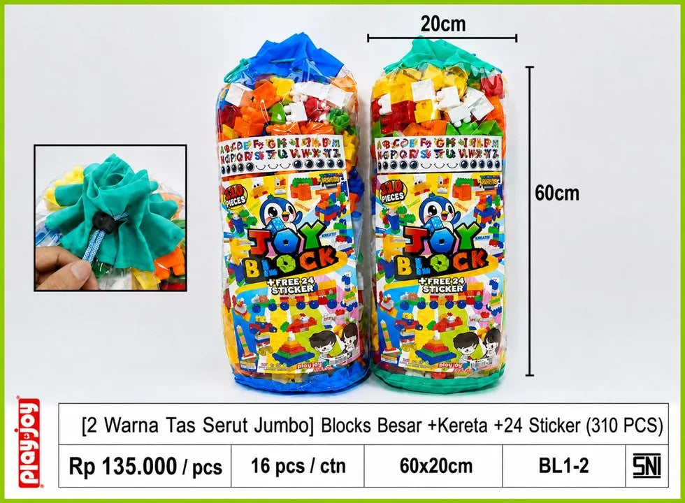 [2 Warna Tas Serut Jumbo] Blocks Besar +Kereta +24 Sticker (310 PCS)