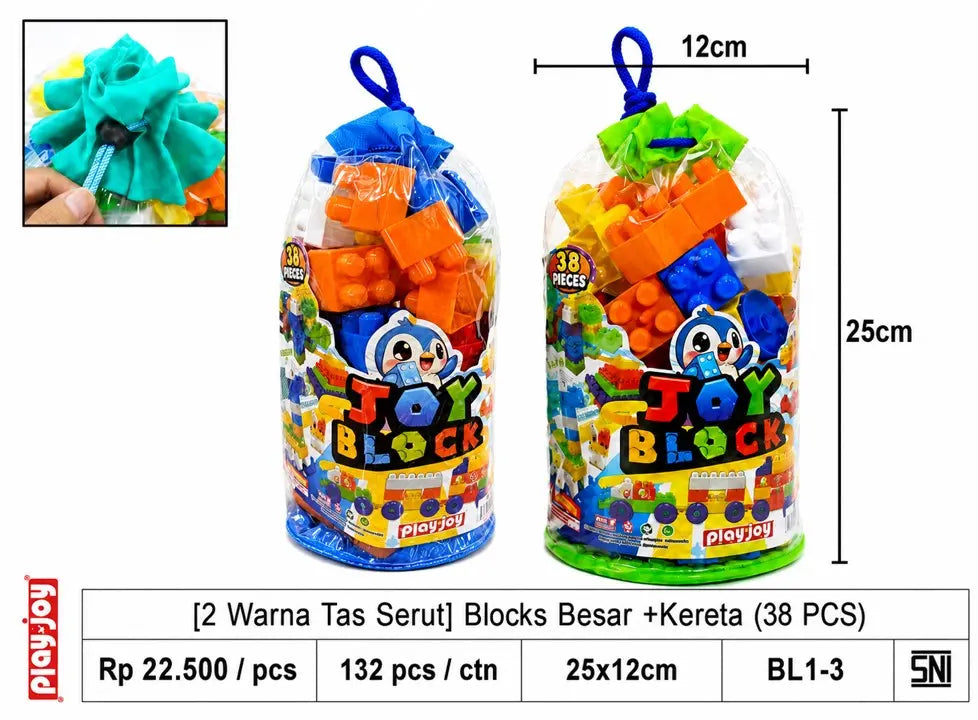 [2 Warna Tas Serut] Blocks Besar +Kereta (38 PCS)