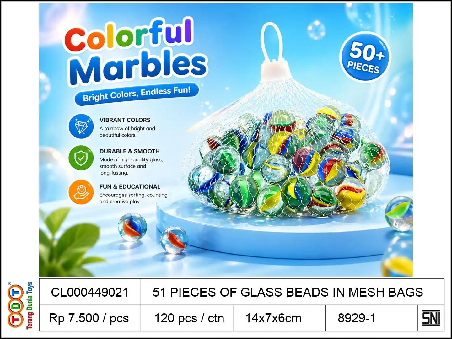 51 PIECES OF GLASS BEADS IN MESH BAGS