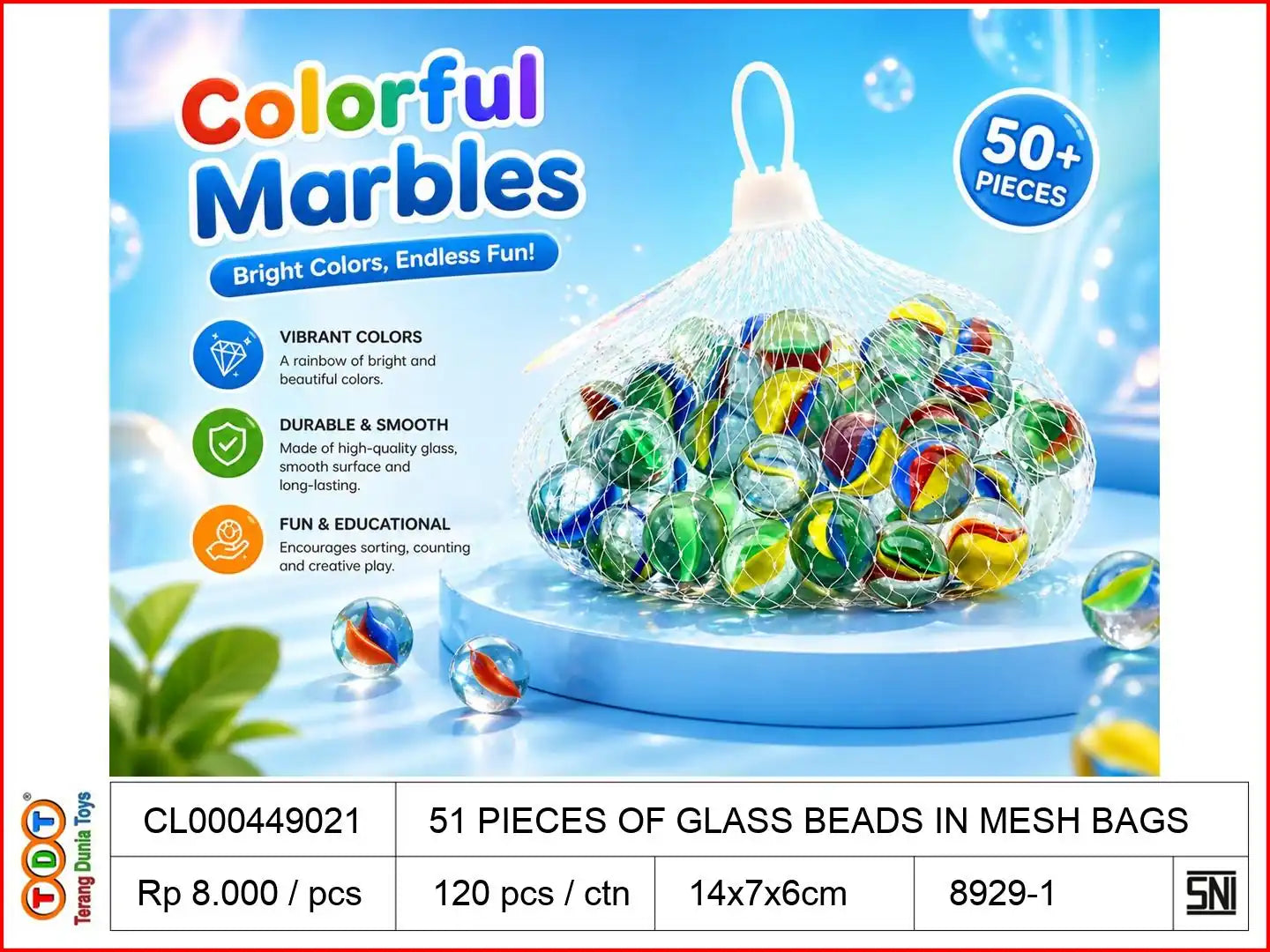 51 PIECES OF GLASS BEADS IN MESH BAGS