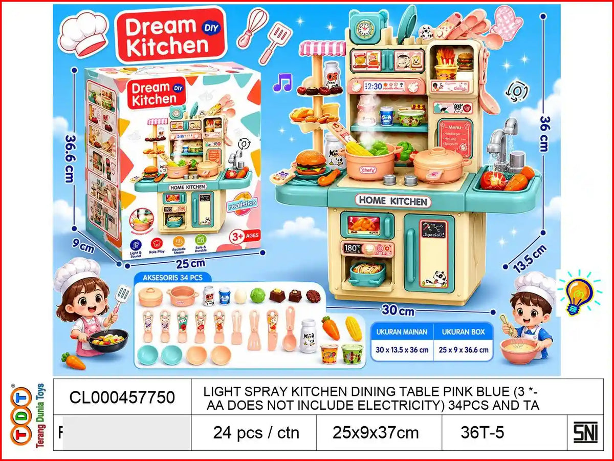 LIGHT SPRAY KITCHEN DINING TABLE PINK BLUE (3 * AA DOES NOT INCLUDE ELECTRICITY) 34PCS AND TABLE

TAGS : KITCHEN MASAK MASAKAN KITCHEN DAPUR SET KOPER BAK CUCI WASTAFEL AIR KOMPOR PANCI PORTABLE MAKANAN PRETENDING PLAY CHEF KOKI