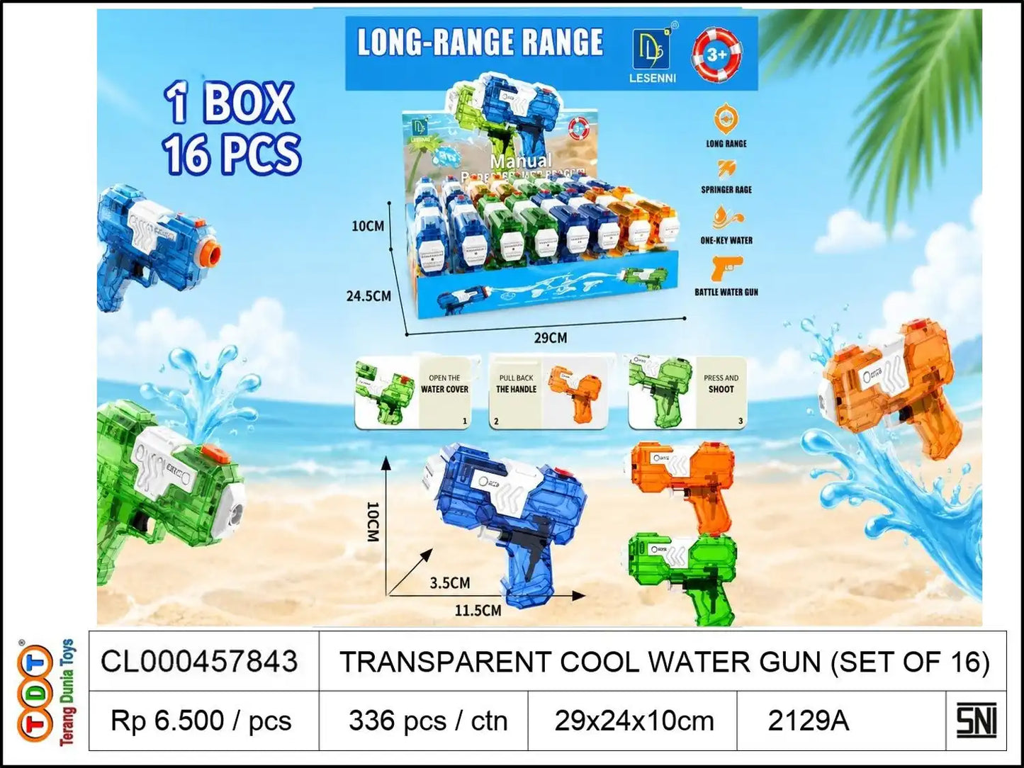 TRANSPARENT COOL WATER GUN (SET OF 16)