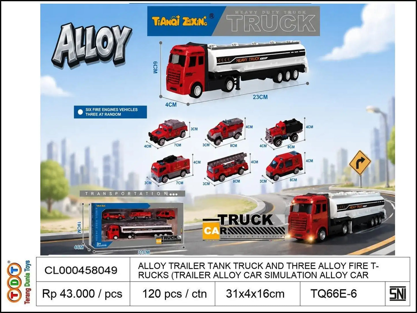 ALLOY TRAILER TANK TRUCK AND THREE ALLOY FIRE TRUCKS (TRAILER ALLOY CAR SIMULATION ALLOY CAR MODEL ALLOY TRANSPORT VEHICLE MOUNTED FIRE ALLOY CAR AL