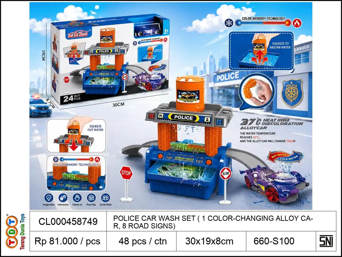 POLICE CAR WASH SET (WITH 1 COLOR-CHANGING ALLOY CAR, 8 ROAD SIGNS)