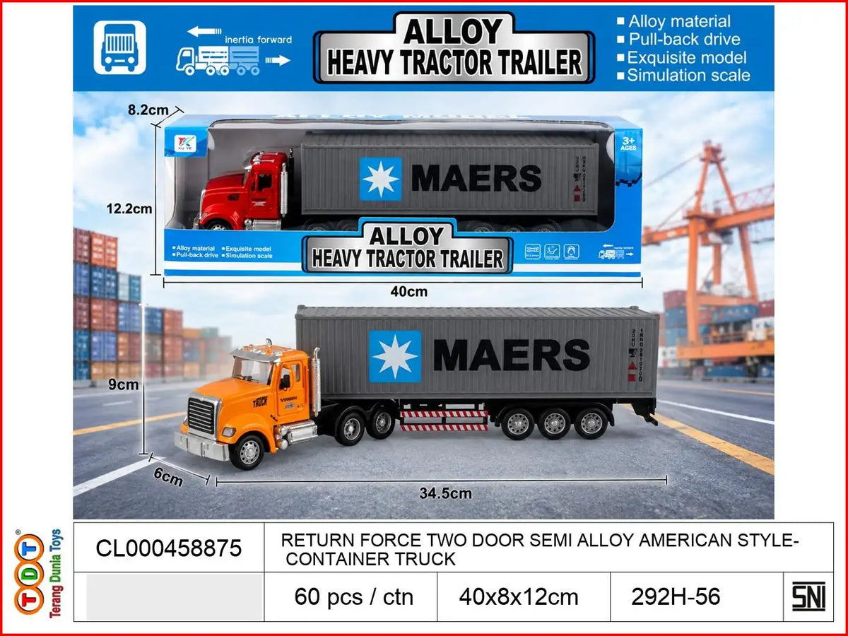 RETURN FORCE TWO DOOR SEMI ALLOY AMERICAN STYLE CONTAINER TRUCK

TAGS : KENDARAAN MAINAN MOBIL MOBILAN DIECAST METAL BESI ALLOY KOLEKSI MINIATUR PAJANGAN HOTWHEELS HOT WHEELS SKALA PINTU BUKA PULL BACK