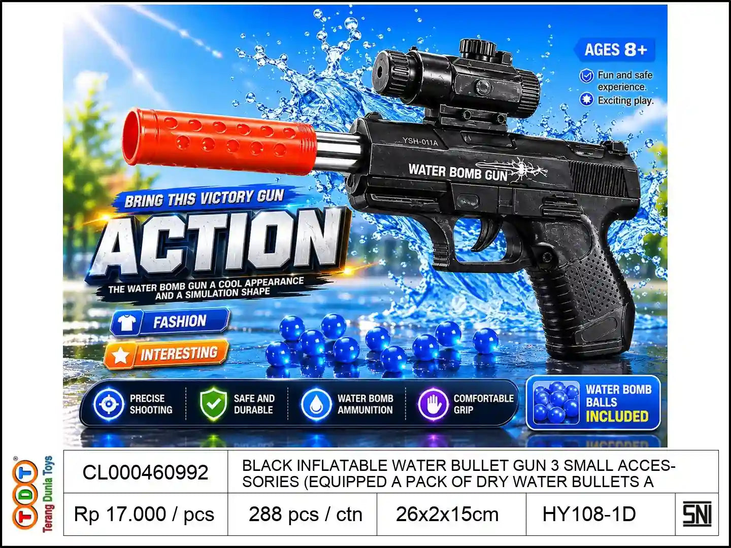 BLACK INFLATABLE WATER BULLET GUN WITH 3 SMALL ACCESSORIES (EQUIPPED WITH A PACK OF DRY WATER BULLETS AND A PACK OF SOAKED WATER BULLETS)