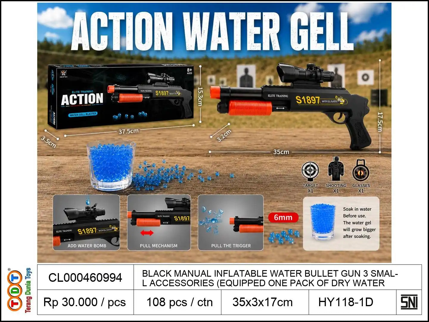 BLACK MANUAL INFLATABLE WATER BULLET GUN WITH 3 SMALL ACCESSORIES (EQUIPPED WITH ONE PACK OF DRY WATER BULLETS AND ONE PACK OF SOAKED WATER BULLETS)
