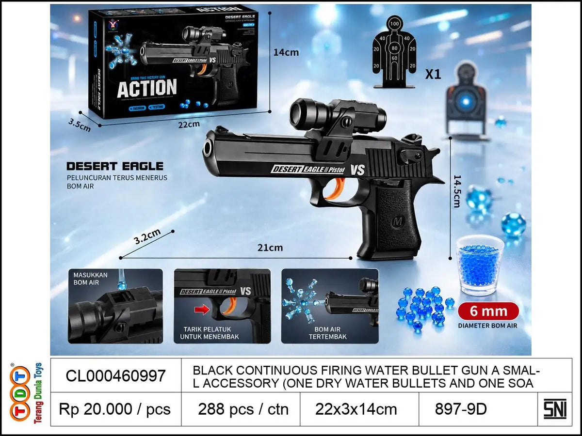 BLACK CONTINUOUS FIRING WATER BULLET GUN WITH A SMALL ACCESSORY (ONE DRY WATER BULLETS AND ONE SOAKED WATER BULLETS)