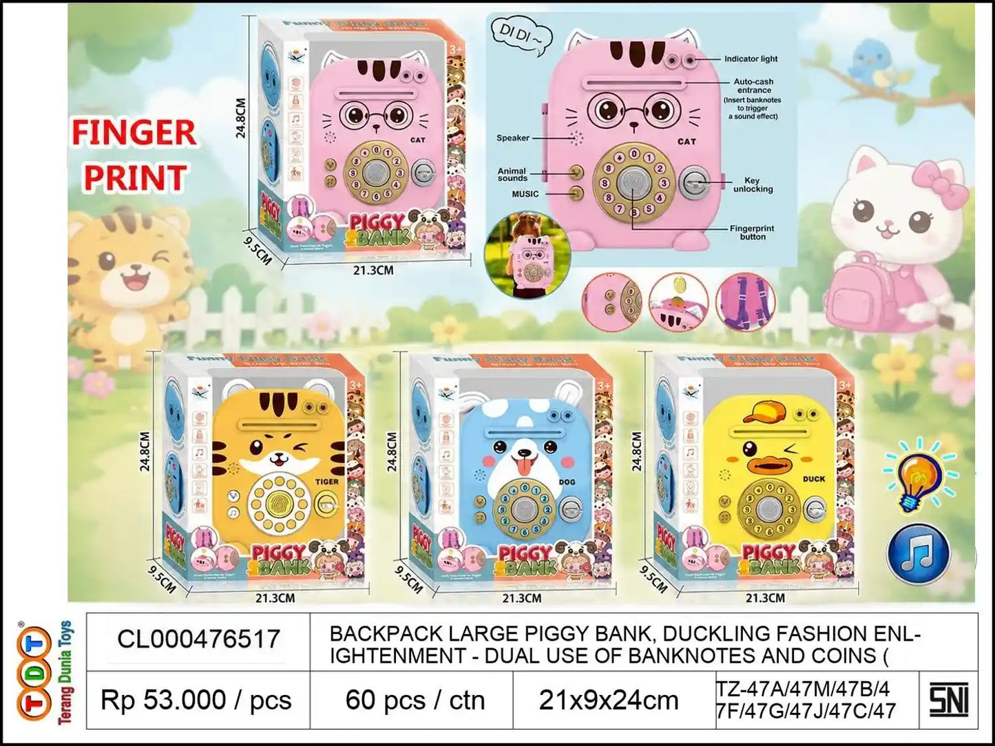 BACKPACK LARGE PIGGY BANK, DUCKLING FASHION ENLIGHTENMENT - DUAL USE OF BANKNOTES AND COINS (CAPABLE OF SINGING\/ANIMAL SOUND EFFECTS\/FACIAL RECOGN / ATM