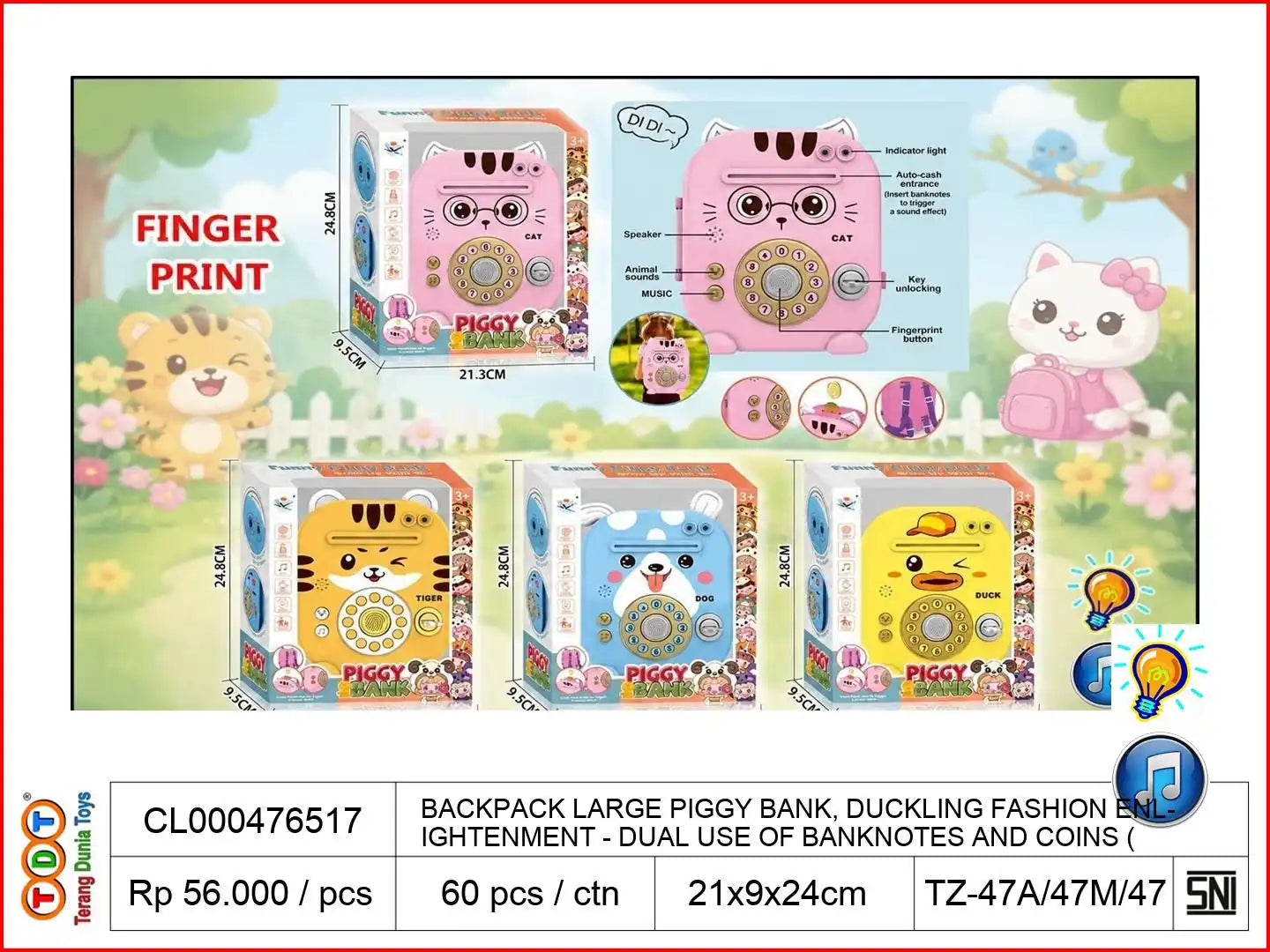 BACKPACK LARGE PIGGY BANK, DUCKLING FASHION ENLIGHTENMENT - DUAL USE OF BANKNOTES AND COINS (CAPABLE OF SINGING\/ANIMAL SOUND EFFECTS\/FACIAL RECOGN / ATM