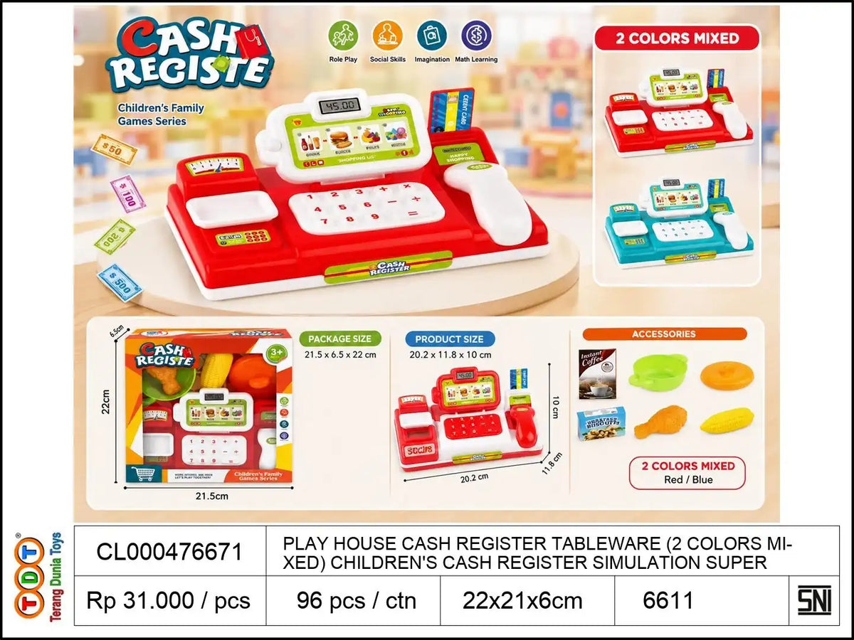 PLAY HOUSE CASH REGISTER WITH TABLEWARE (2 COLORS MIXED) CHILDREN'S CASH REGISTER SIMULATION SUPERMARKET CASH REGISTER TOY