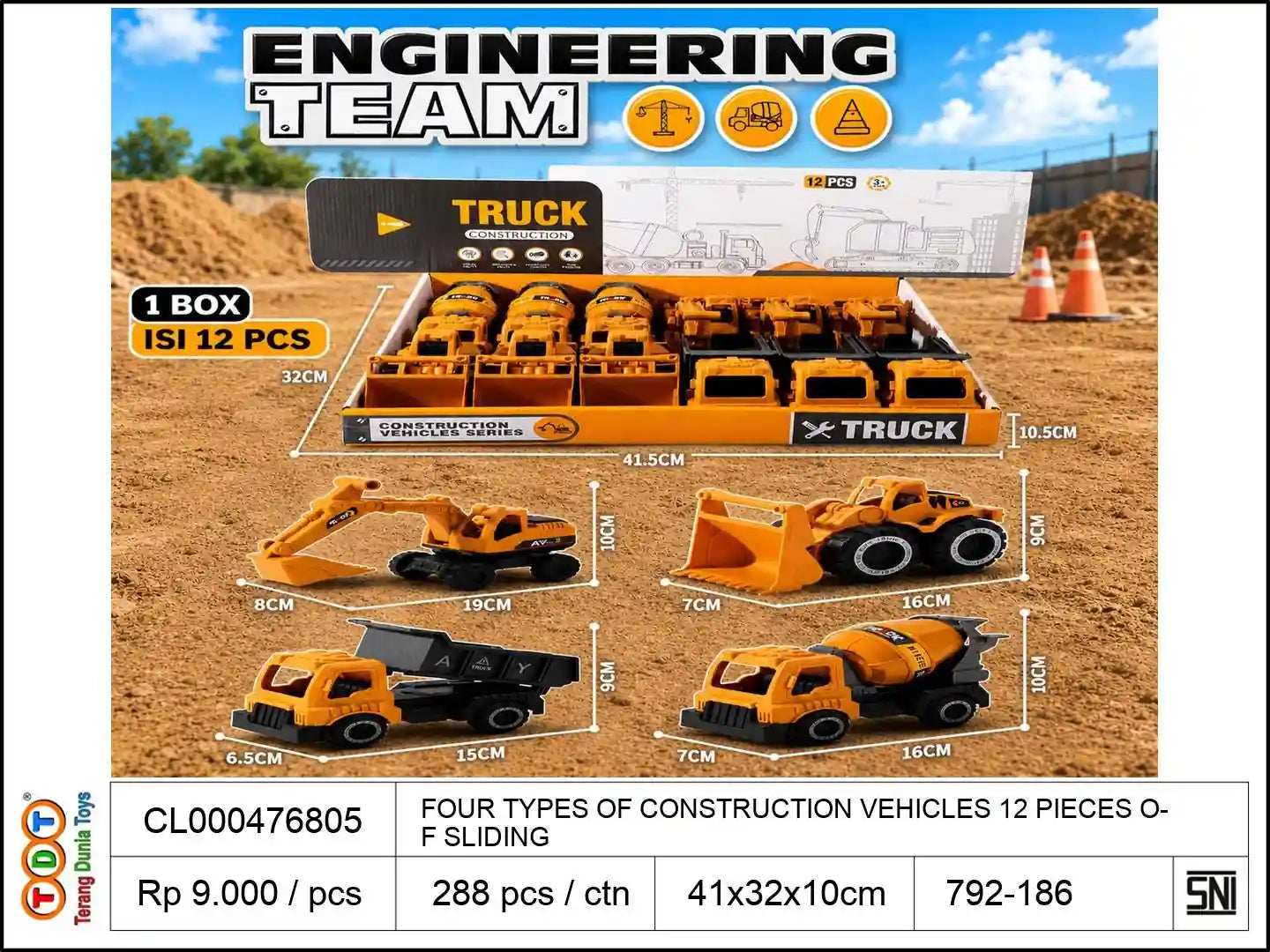 FOUR TYPES OF CONSTRUCTION VEHICLES WITH 12 PIECES OF SLIDING