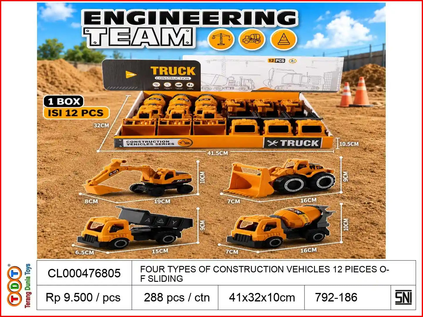 FOUR TYPES OF CONSTRUCTION VEHICLES WITH 12 PIECES OF SLIDING