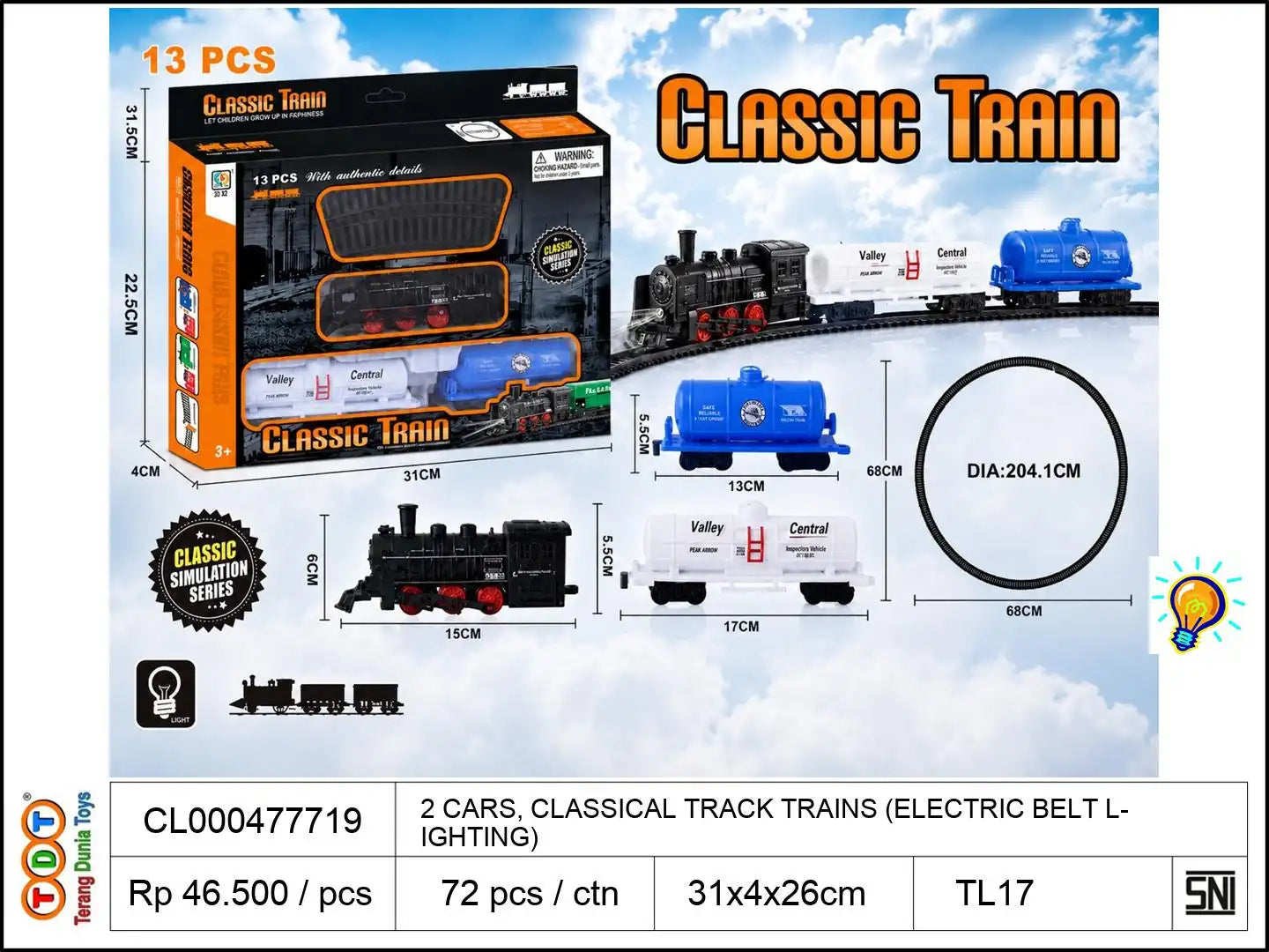 2 CARS, CLASSICAL TRACK TRAINS (ELECTRIC BELT LIGHTING)