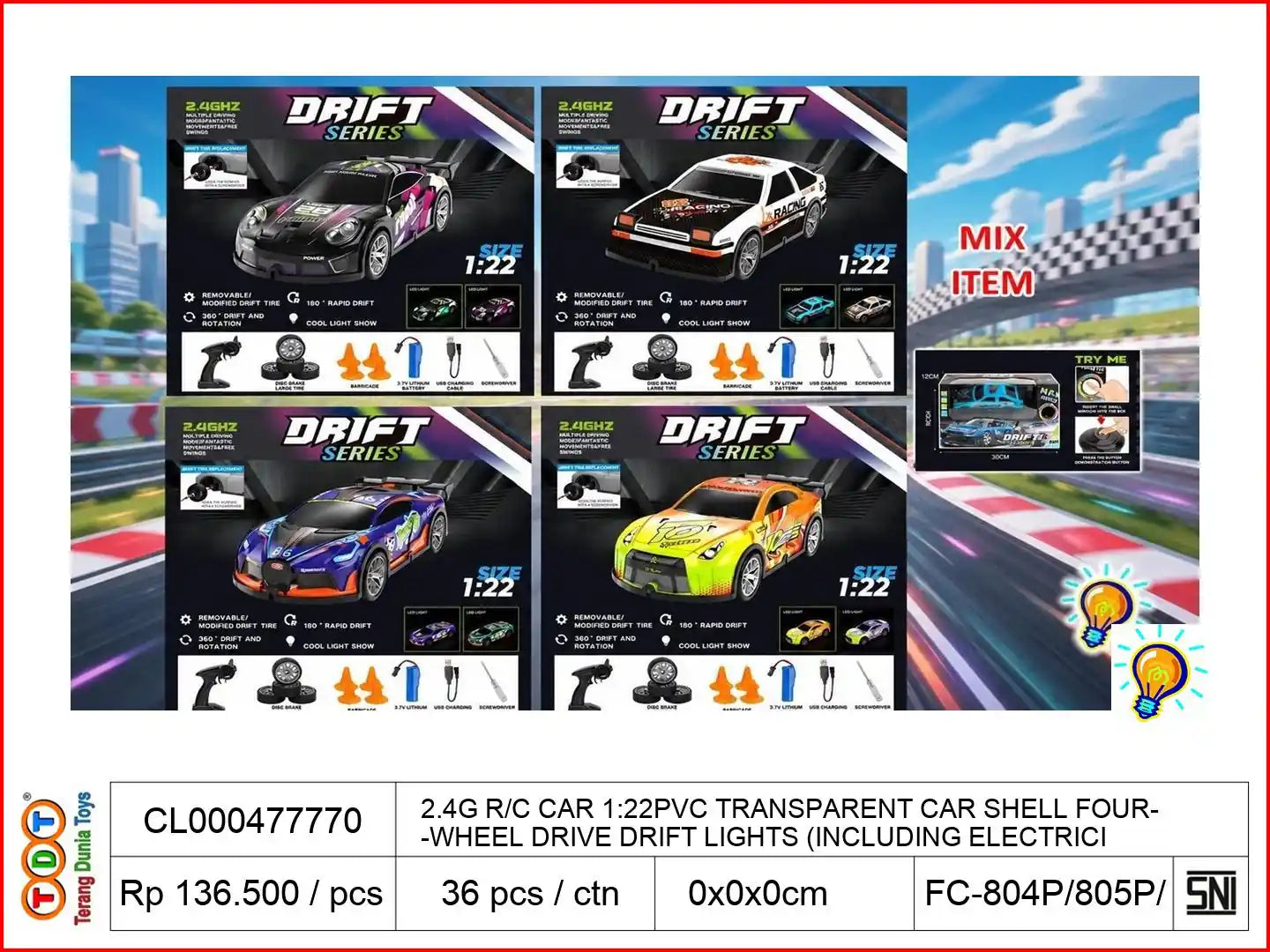 2.4G REMOTE CONTROL CAR 1:22PVC TRANSPARENT CAR SHELL FOUR-WHEEL DRIVE DRIFT WITH LIGHTS (INCLUDING ELECTRICITY)