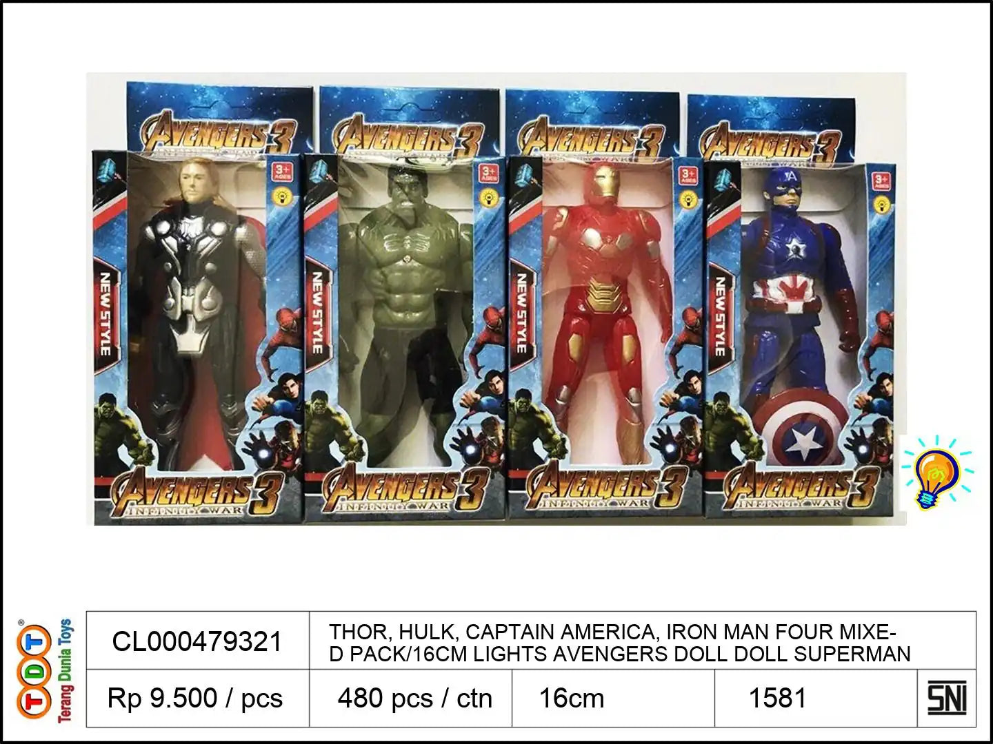 THOR, HULK, CAPTAIN AMERICA, IRON MAN FOUR MIXED PACK/16CM LIGHTS AVENGERS DOLL DOLL SUPERMAN
