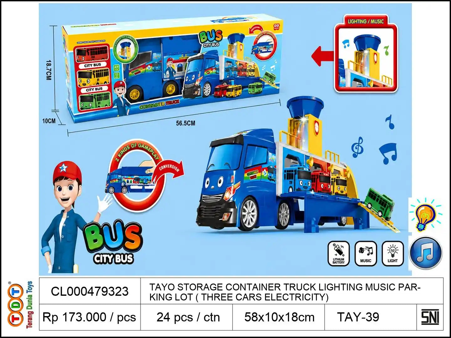 TAYO STORAGE CONTAINER TRUCK LIGHTING MUSIC PARKING LOT (WITH THREE CARS WITH ELECTRICITY)