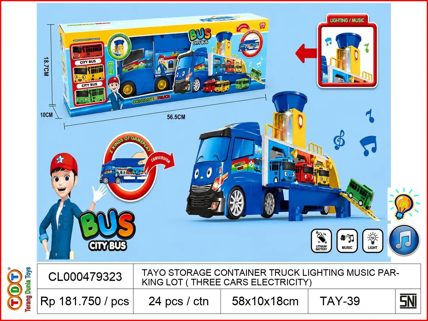 TAYO STORAGE CONTAINER TRUCK LIGHTING MUSIC PARKING LOT (WITH THREE CARS WITH ELECTRICITY)