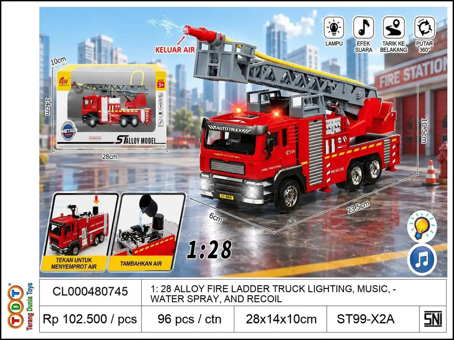 1: 28 ALLOY FIRE LADDER TRUCK WITH LIGHTING, MUSIC, WATER SPRAY, AND RECOIL