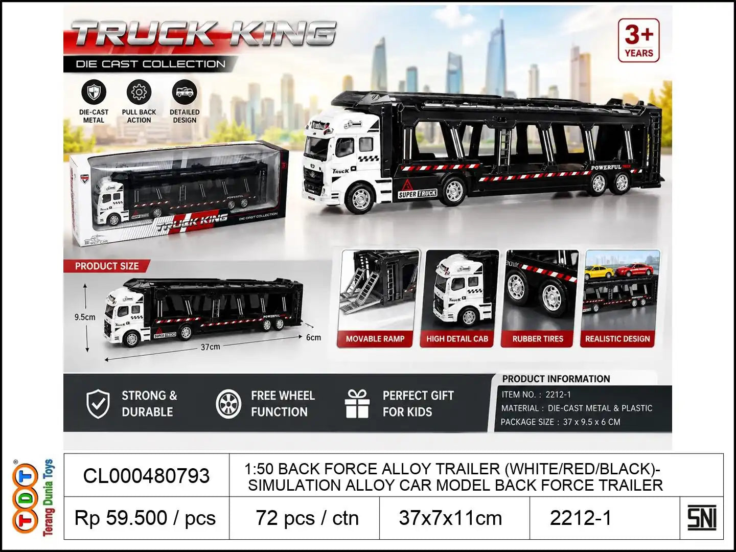 1:50 BACK FORCE ALLOY TRAILER (WHITE/RED/BLACK) SIMULATION ALLOY CAR MODEL BACK FORCE TRAILER