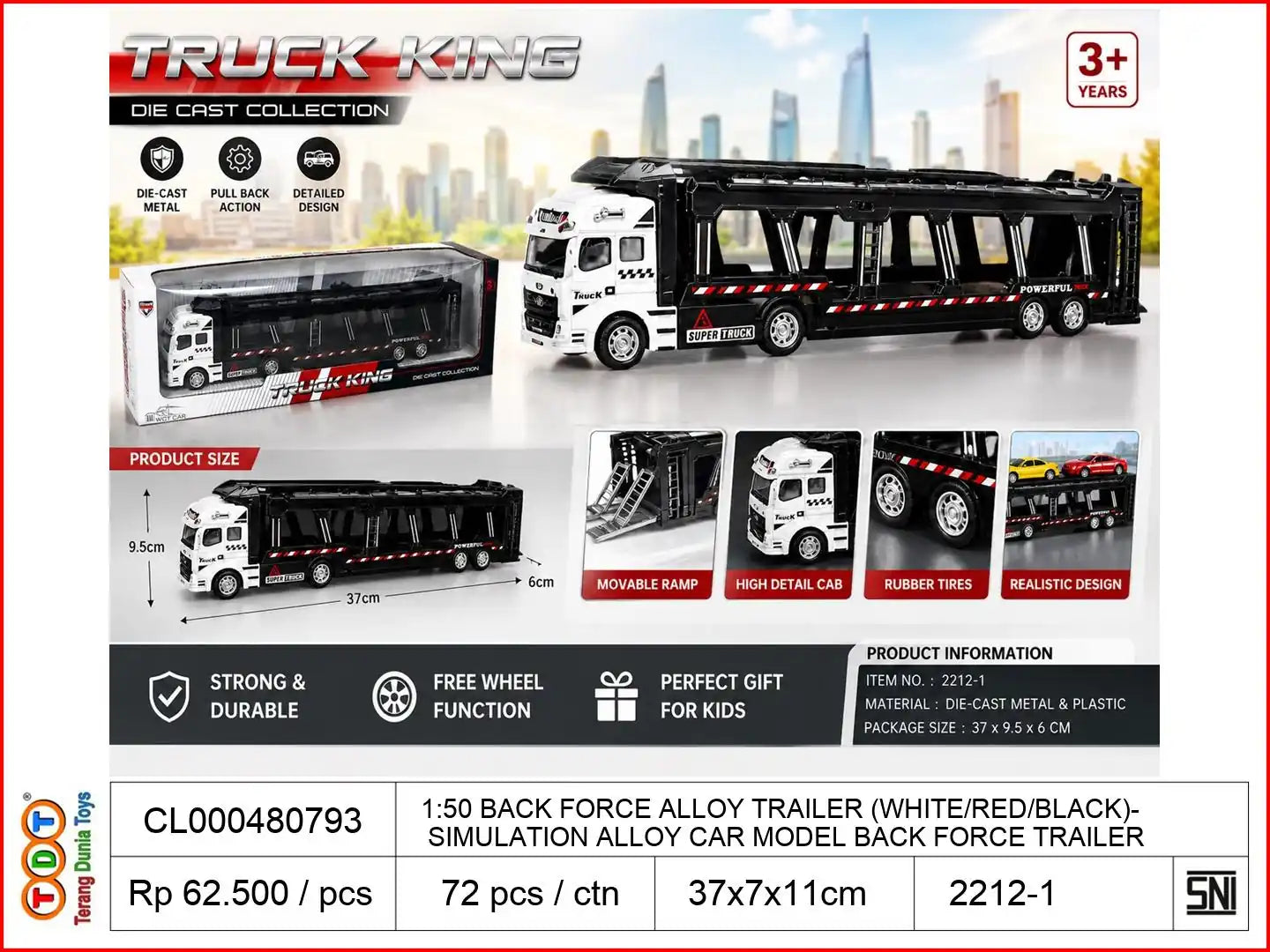 1:50 BACK FORCE ALLOY TRAILER (WHITE/RED/BLACK) SIMULATION ALLOY CAR MODEL BACK FORCE TRAILER
