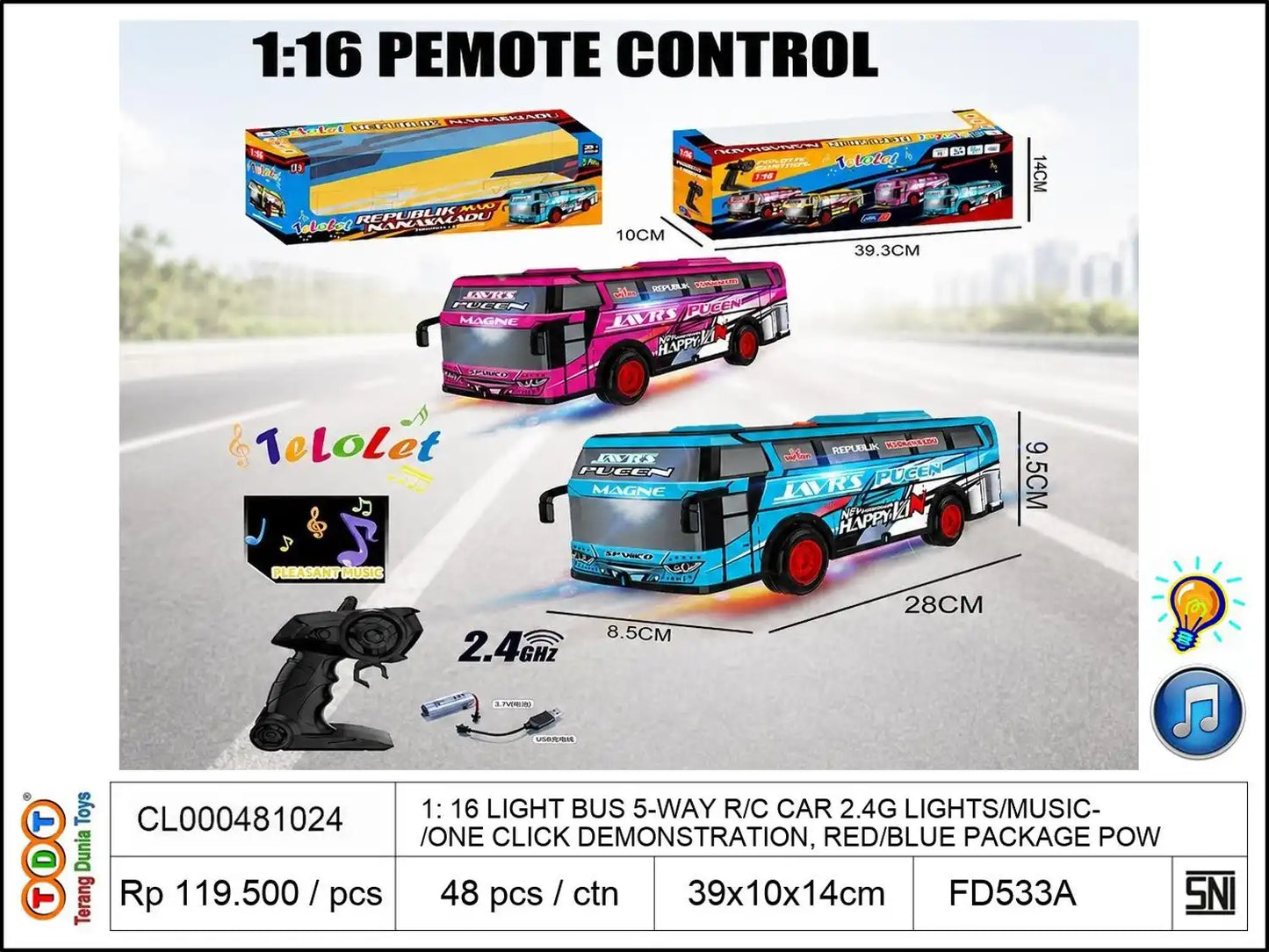 1: 16 LIGHT BUS 5-WAY REMOTE CONTROL CAR 2.4G WITH LIGHTS/MUSIC/ONE CLICK DEMONSTRATION, RED/BLUE PACKAGE POWER