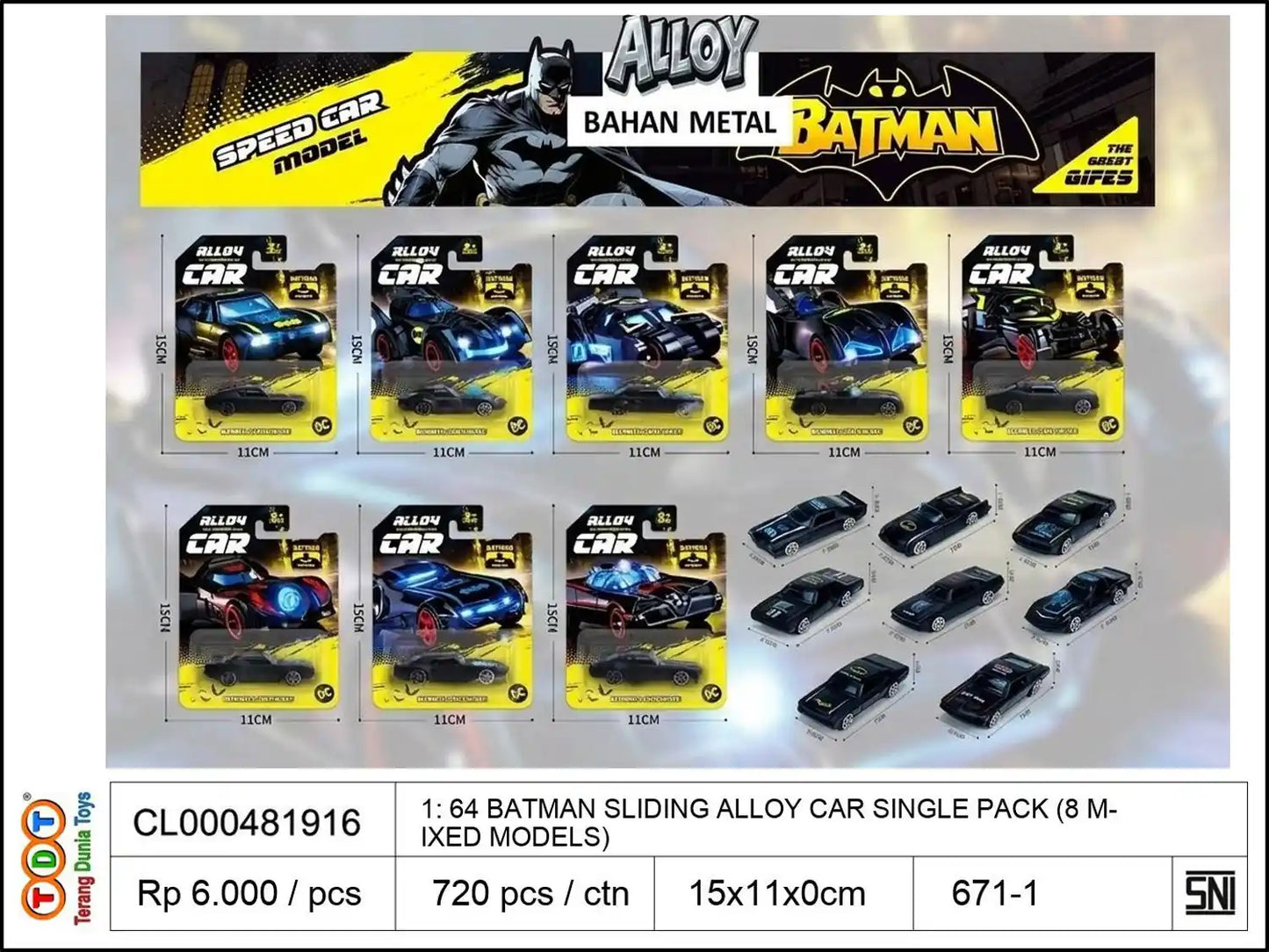 1: 64 BATMAN SLIDING ALLOY CAR SINGLE PACK (8 MIXED MODELS)