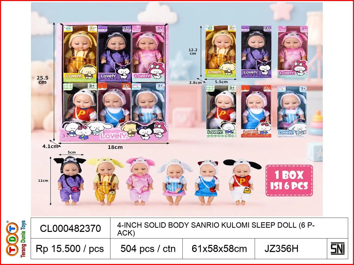 4-INCH SOLID BODY SANRIO KULOMI SLEEP DOLL (6 PACK)