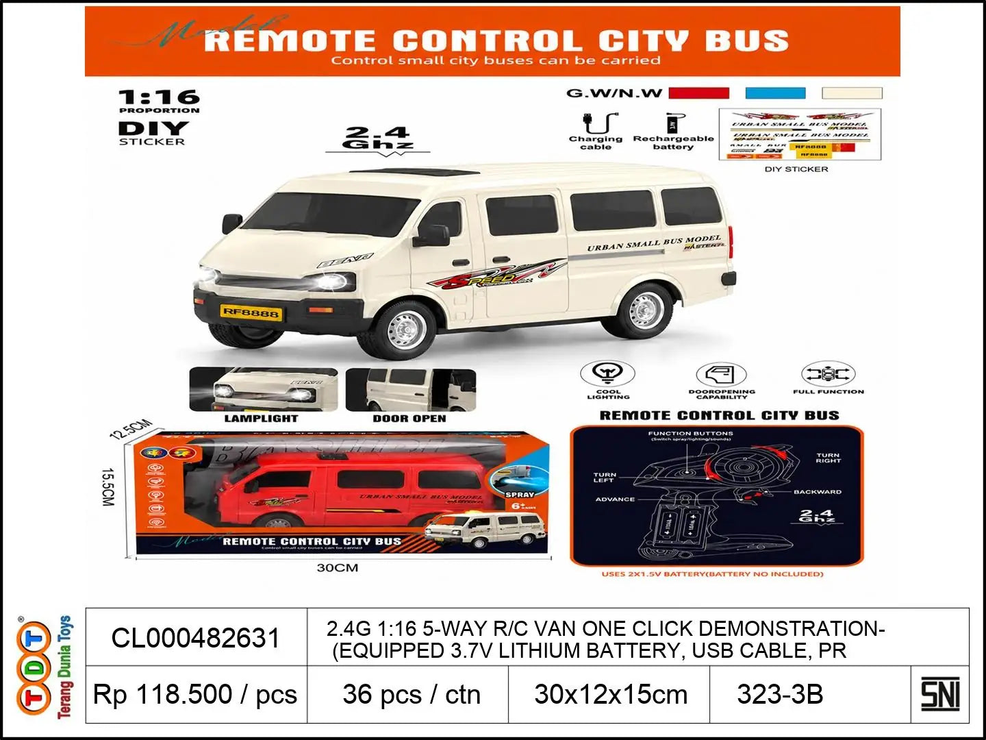 2.4G 1:16 5-WAY REMOTE CONTROL VAN WITH ONE CLICK DEMONSTRATION (EQUIPPED WITH 3.7V LITHIUM BATTERY, USB CABLE, PRINTABLE FILM STICKER * 1. REMOTE C