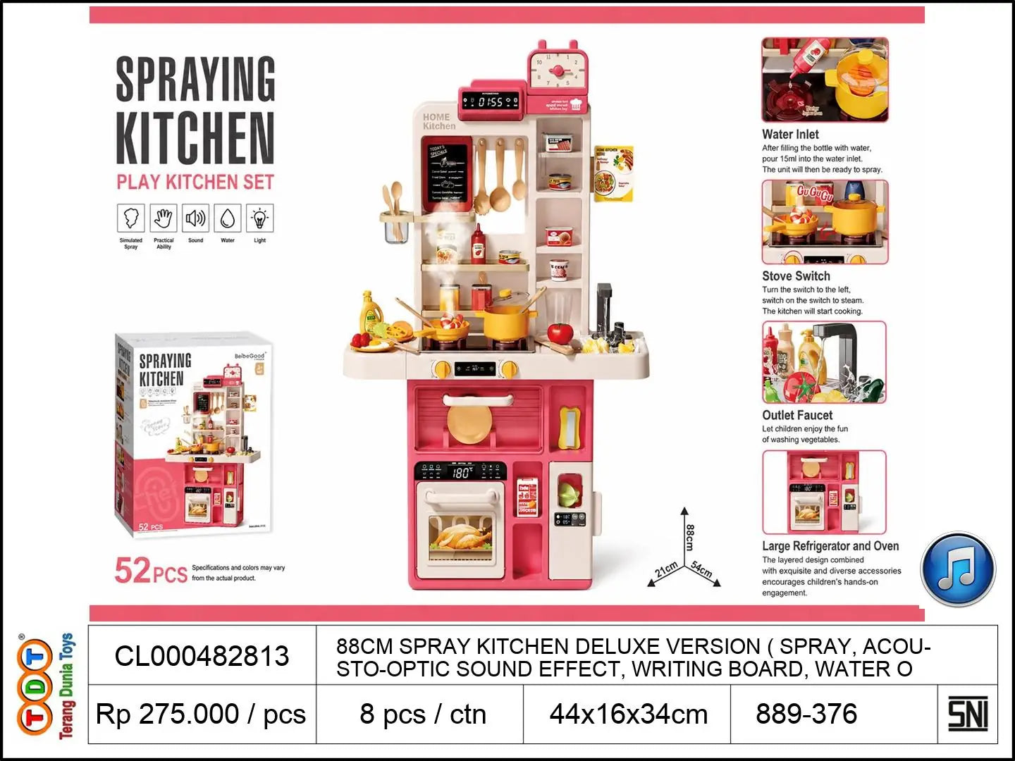 88CM SPRAY KITCHEN DELUXE VERSION (WITH SPRAY, ACOUSTO-OPTIC SOUND EFFECT, WRITING BOARD, WATER OUTLET FAUCET) 69PCS, NOT INCLUDING 3 * 1.5AA