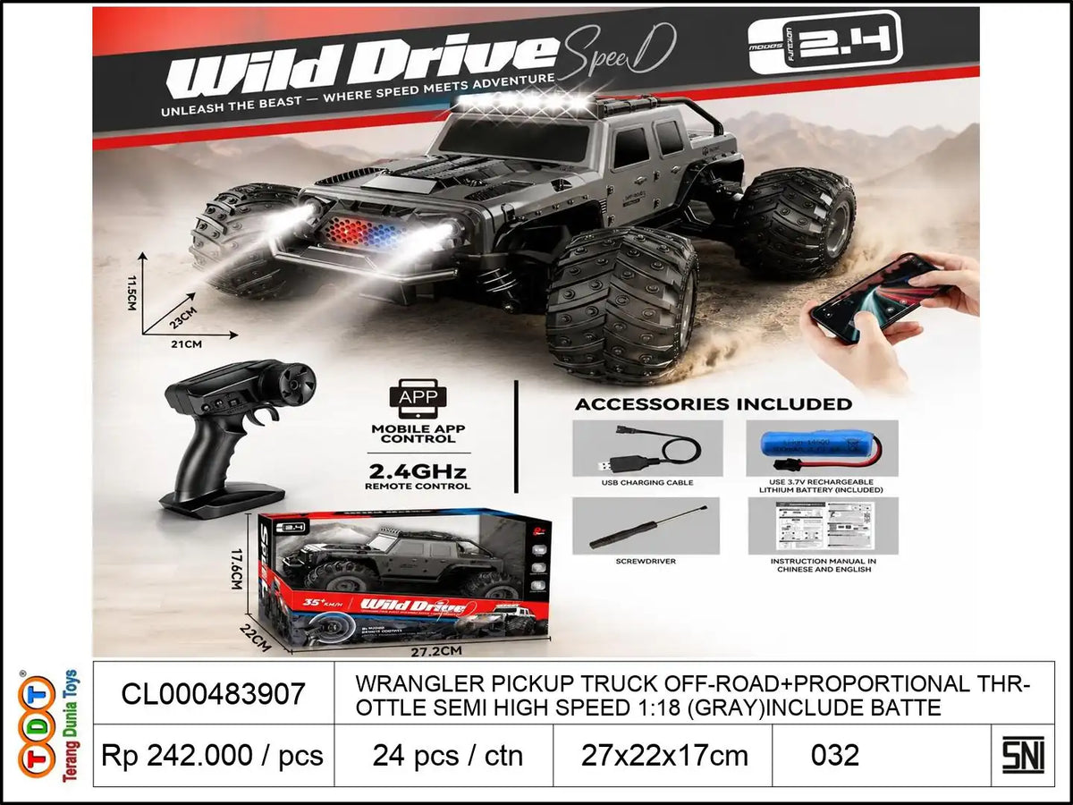 WRANGLER PICKUP TRUCK OFF-ROAD+PROPORTIONAL THROTTLE SEMI HIGH SPEED 1:18 (GRAY)INCLUDE BATTERY.
