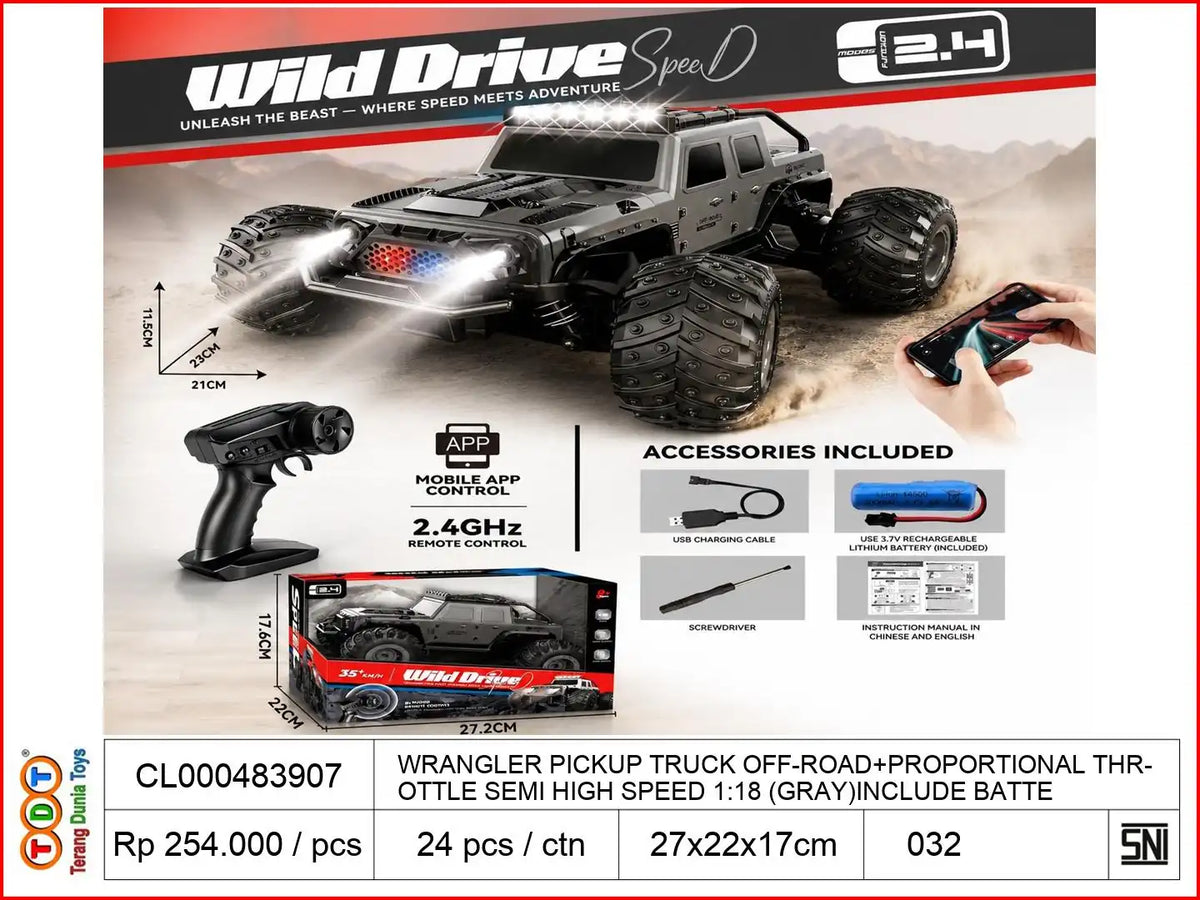 WRANGLER PICKUP TRUCK OFF-ROAD+PROPORTIONAL THROTTLE SEMI HIGH SPEED 1:18 (GRAY)INCLUDE BATTERY.