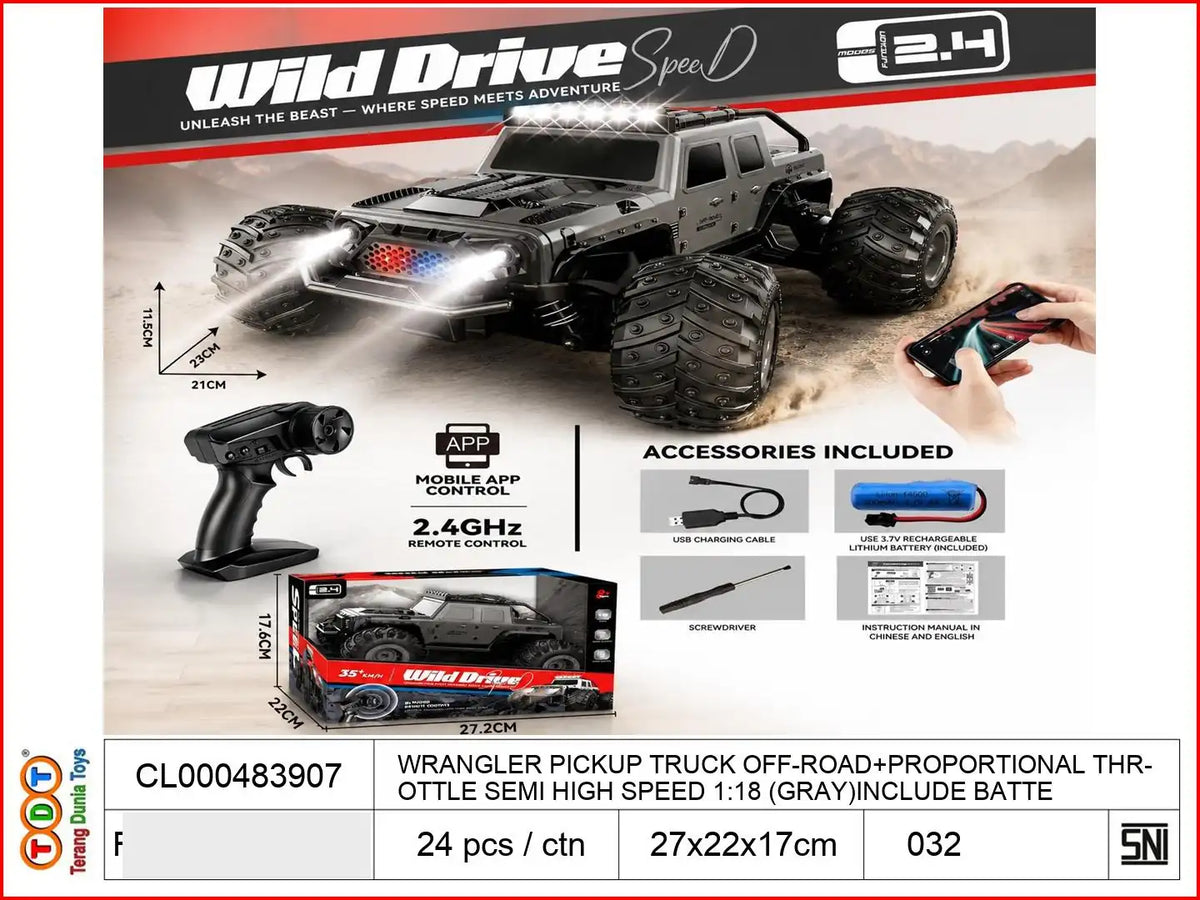 WRANGLER PICKUP TRUCK OFF-ROAD+PROPORTIONAL THROTTLE SEMI HIGH SPEED 1:18 (GRAY)INCLUDE BATTERY.

TAGS : RC REMOTE CONTROL REMOT OFFROAD ROCK CRAWLER CRAWLING CLIMBING JEEP JIP
