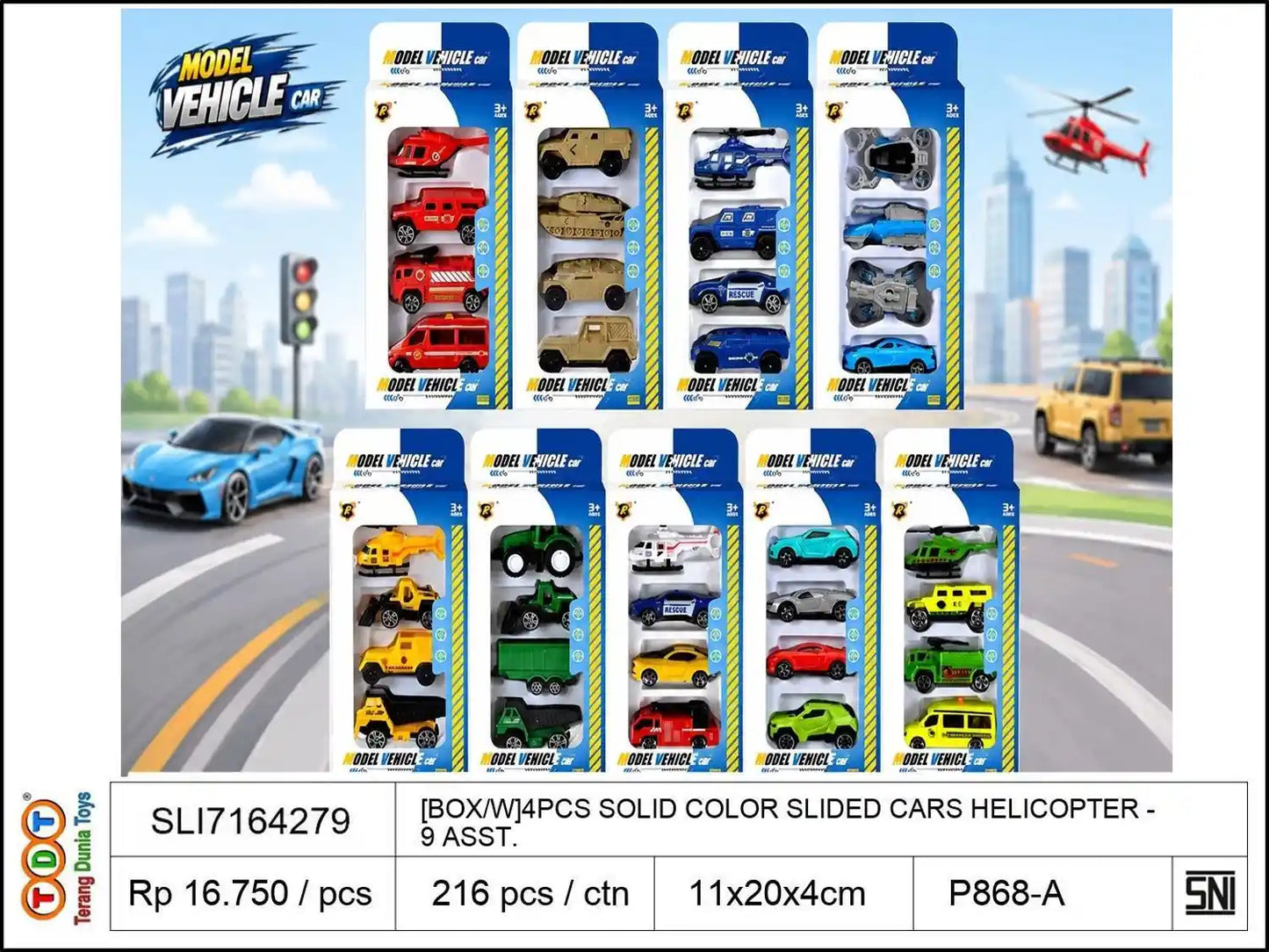 [BOX/W]4PCS SOLID COLOR SLIDED CARS HELICOPTER 9 ASST.