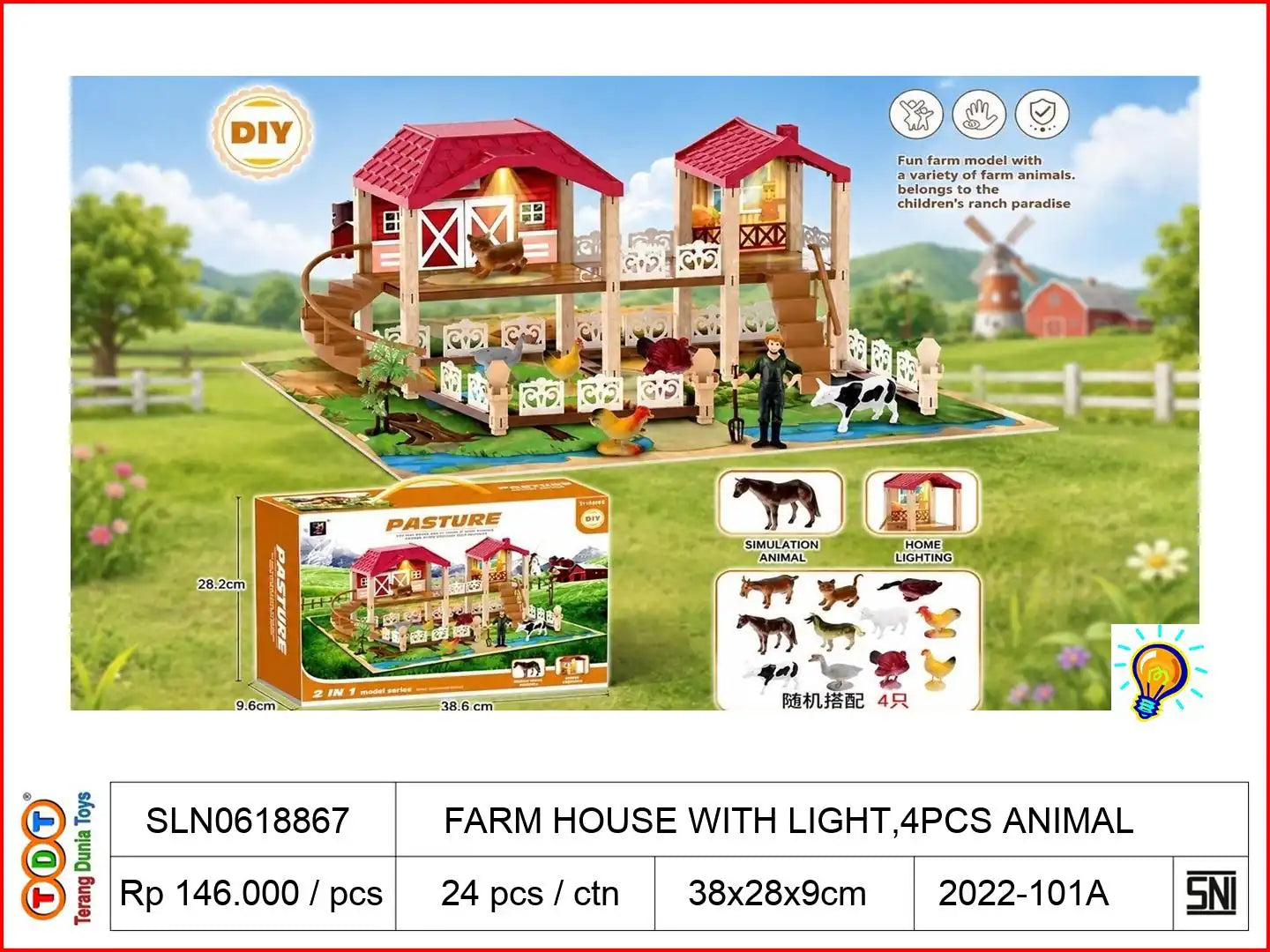 FARM HOUSE WITH LIGHT,4PCS ANIMAL