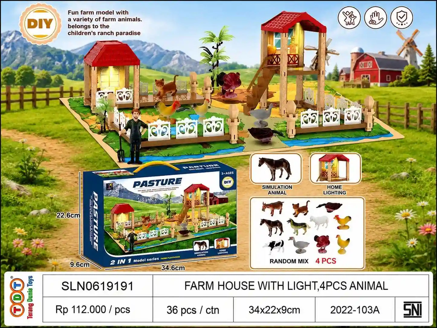 FARM HOUSE WITH LIGHT,4PCS ANIMAL