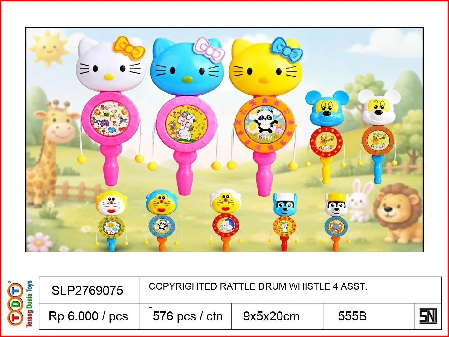 COPYRIGHTED RATTLE DRUM WITH WHISTLE 4 ASST.