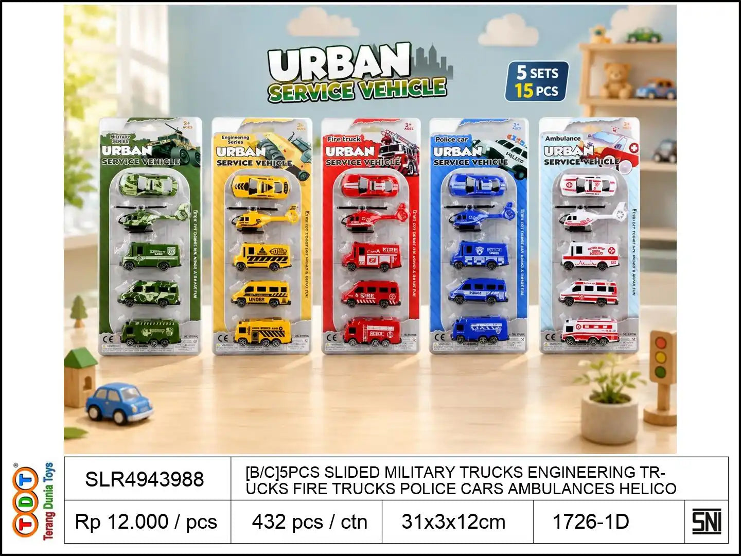 [B/C]5PCS SLIDED MILITARY TRUCKS ENGINEERING TRUCKS FIRE TRUCKS POLICE CARS AMBULANCES HELICOPTER 5PCS ASST.