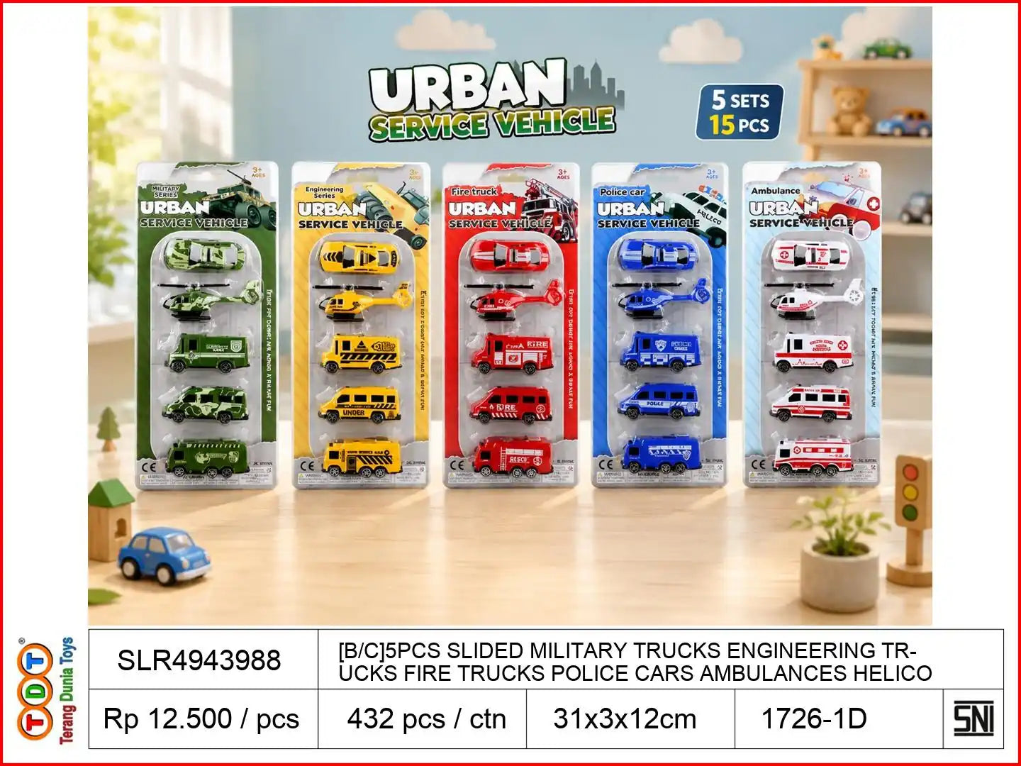 [B/C]5PCS SLIDED MILITARY TRUCKS ENGINEERING TRUCKS FIRE TRUCKS POLICE CARS AMBULANCES HELICOPTER 5PCS ASST.