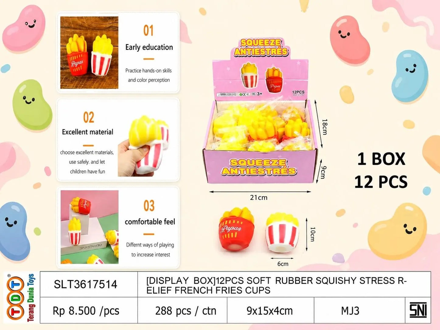 [DISPLAY BOX]12PCS SOFT RUBBER SQUISHY STRESS RELIEF FRENCH FRIES CUPS