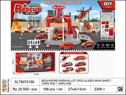 [BOX/W]FIRE PARKING LOT WITH 2PCS SLIDED IRON SHEET CARS AND 1 AIRPLANE