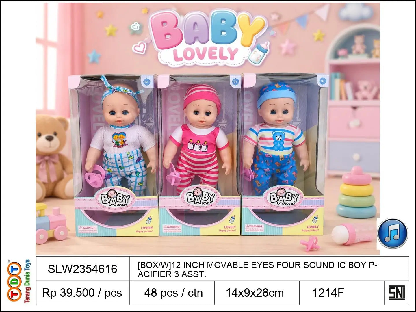 [BOX/W]12 INCH MOVABLE EYES FOUR SOUND IC BOY WITH PACIFIER 3 ASST.