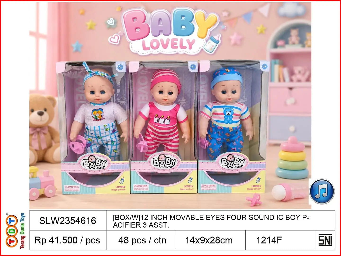 [BOX/W]12 INCH MOVABLE EYES FOUR SOUND IC BOY WITH PACIFIER 3 ASST.