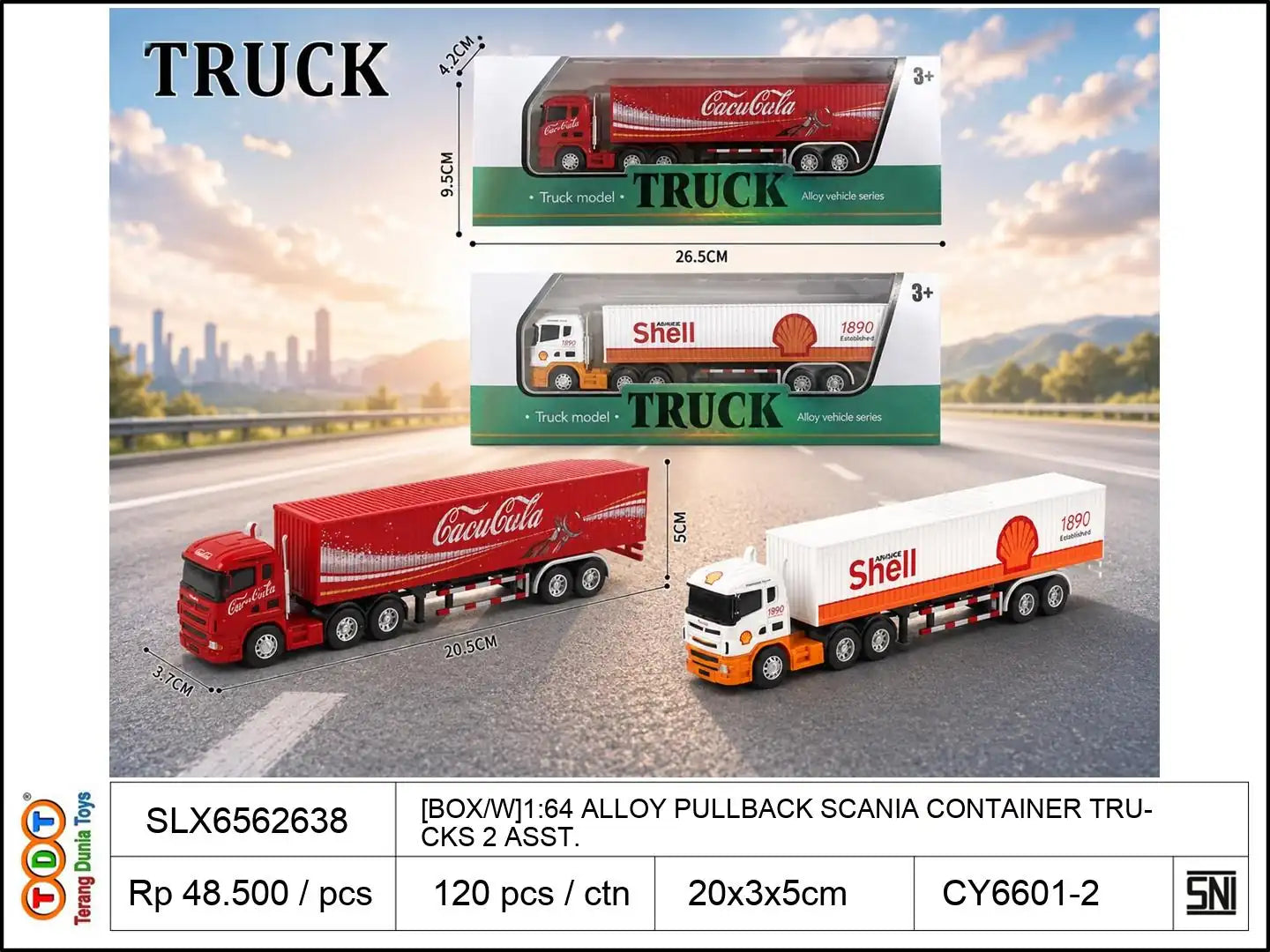 [BOX/W]1:64 ALLOY PULLBACK SCANIA CONTAINER TRUCKS 2 ASST.