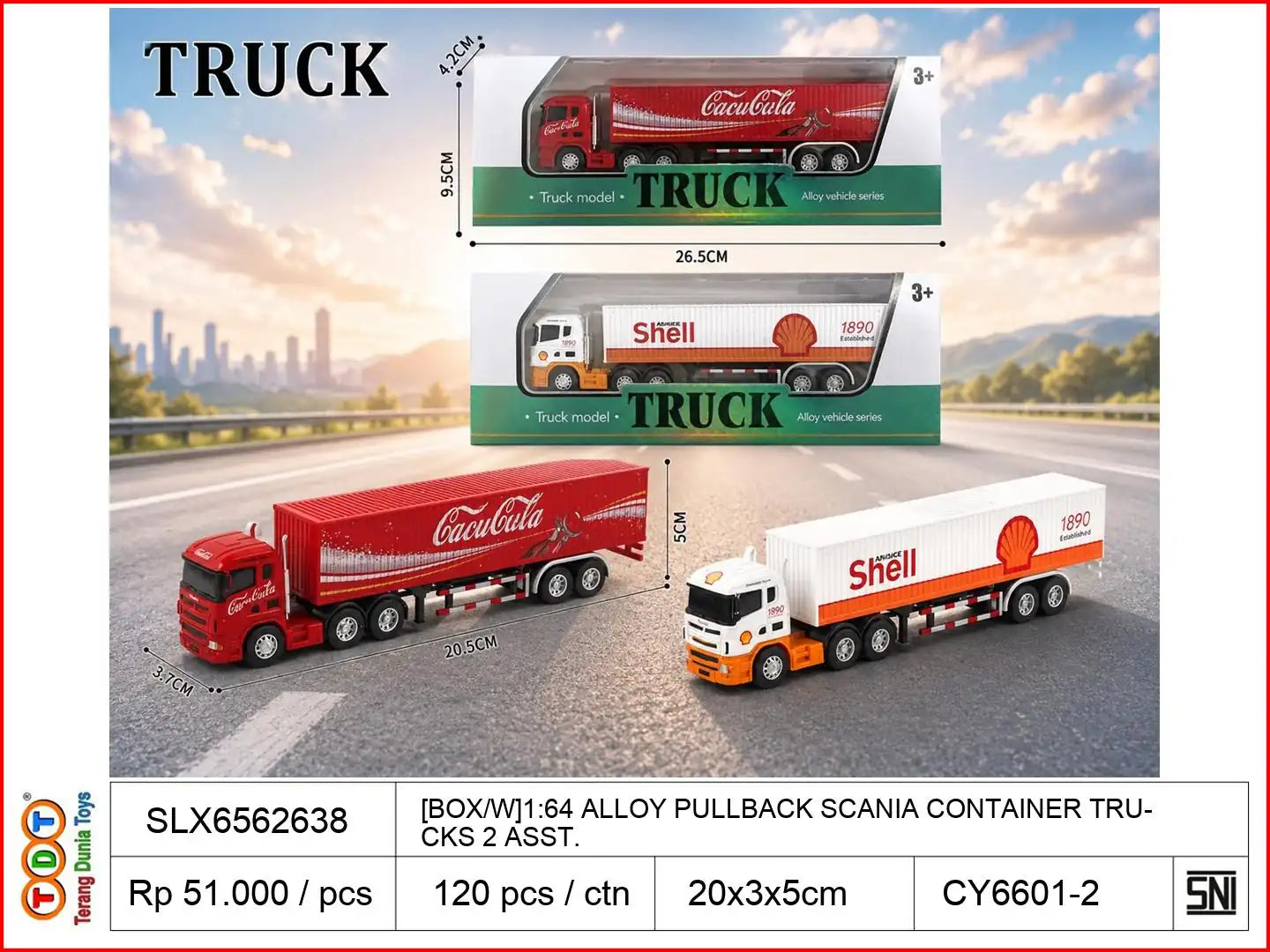 [BOX/W]1:64 ALLOY PULLBACK SCANIA CONTAINER TRUCKS 2 ASST.