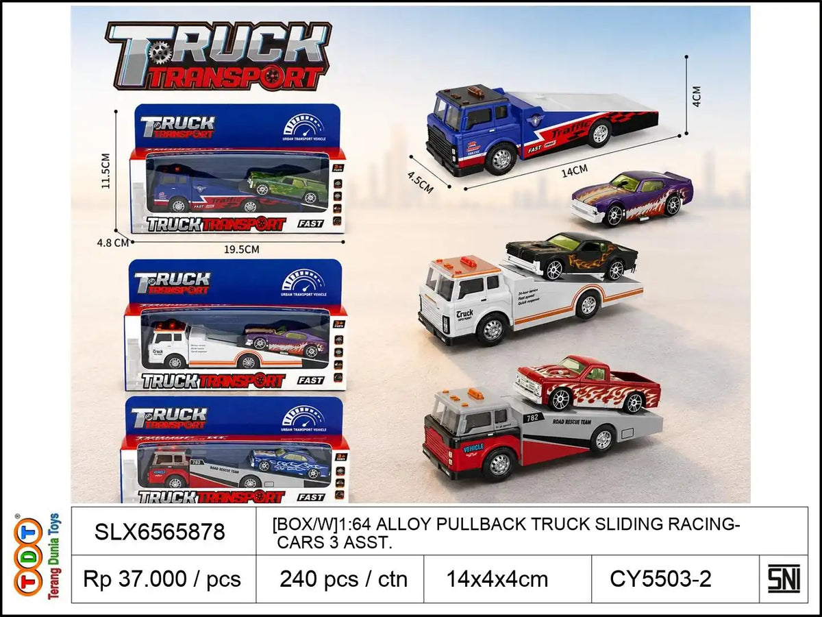 [BOX-W]1:64 ALLOY PULLBACK TRUCK WITH SLIDING RACING CARS 3 ASST.