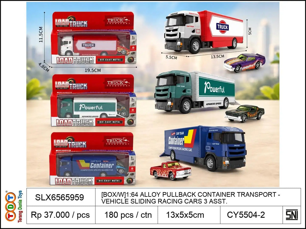 [BOX-W]1:64 ALLOY PULLBACK CONTAINER TRANSPORT VEHICLE WITH SLIDING RACING CARS 3 ASST.