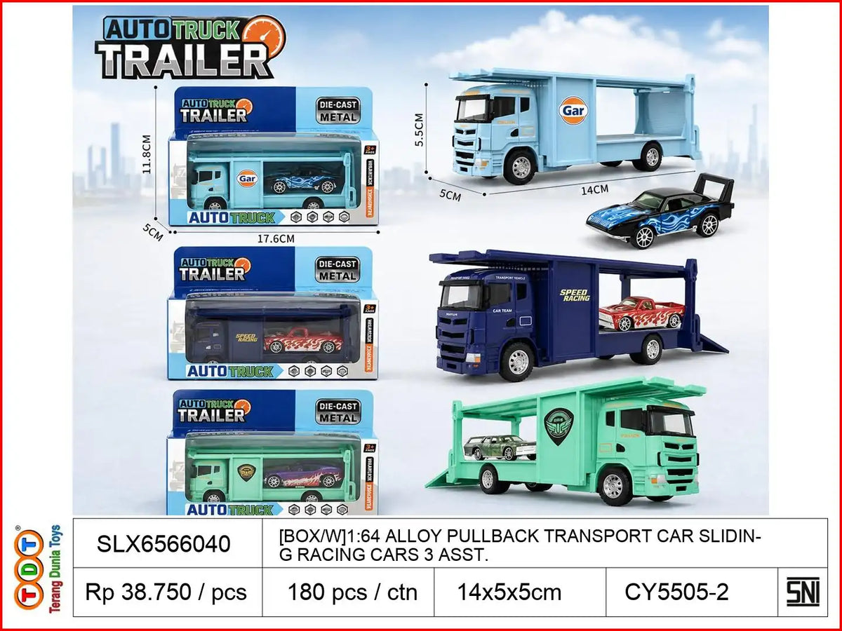 [BOX-W]1:64 ALLOY PULLBACK TRANSPORT CAR WITH SLIDING RACING CARS 3 ASST.