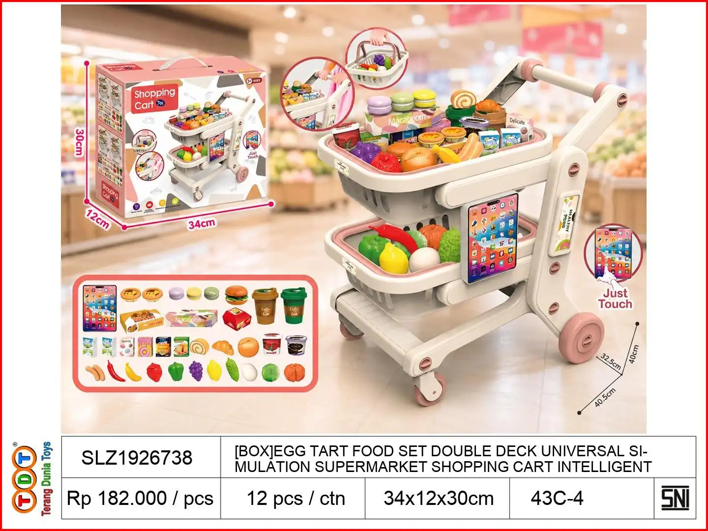[BOX]EGG TART FOOD SET WITH DOUBLE DECK UNIVERSAL SIMULATION SUPERMARKET SHOPPING CART INTELLIGENT TABLET