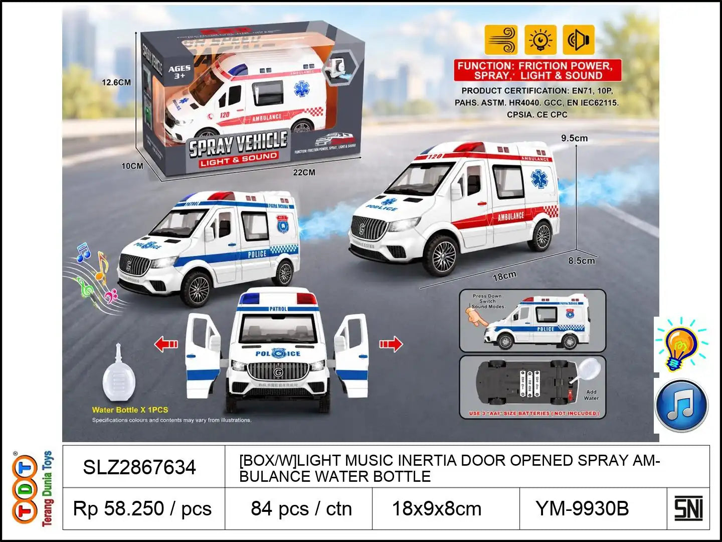 [BOX/W]LIGHT MUSIC INERTIA DOOR OPENED SPRAY AMBULANCE WITH WATER BOTTLE